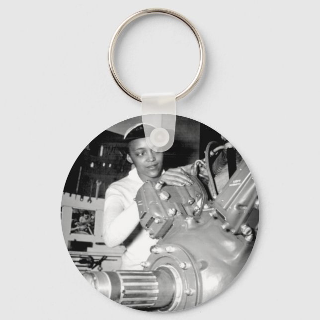 Woman Factory Worker with Aircraft Engine Key Ring (Front)