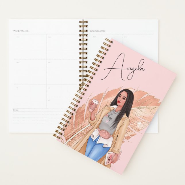 Woman Fashionista Pink Gold Girly Feather Planner (Display)