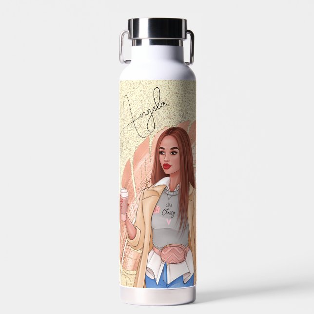 Woman Fashionista Pink Gold  Red Hair Water Bottle (Front)