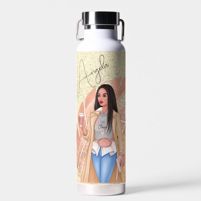 Woman Fashionista Pink Gold  Water Bottle (Front)