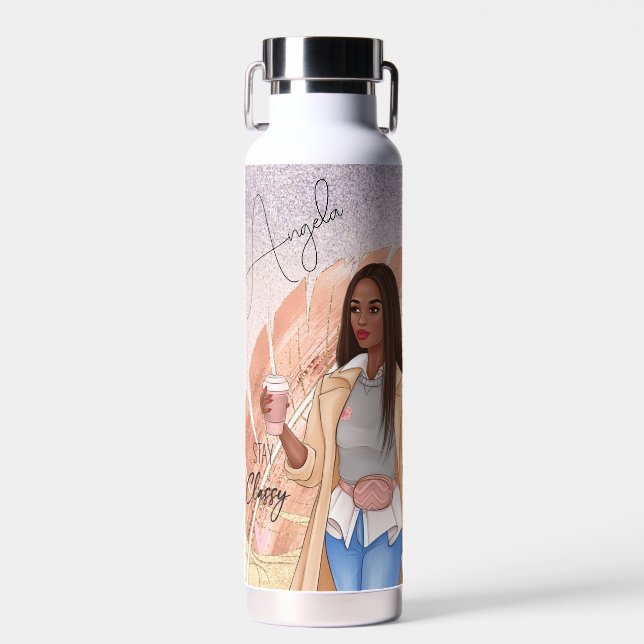 Woman Fashionista Pink Rose Gold Brown Hair  Water Bottle (Front)
