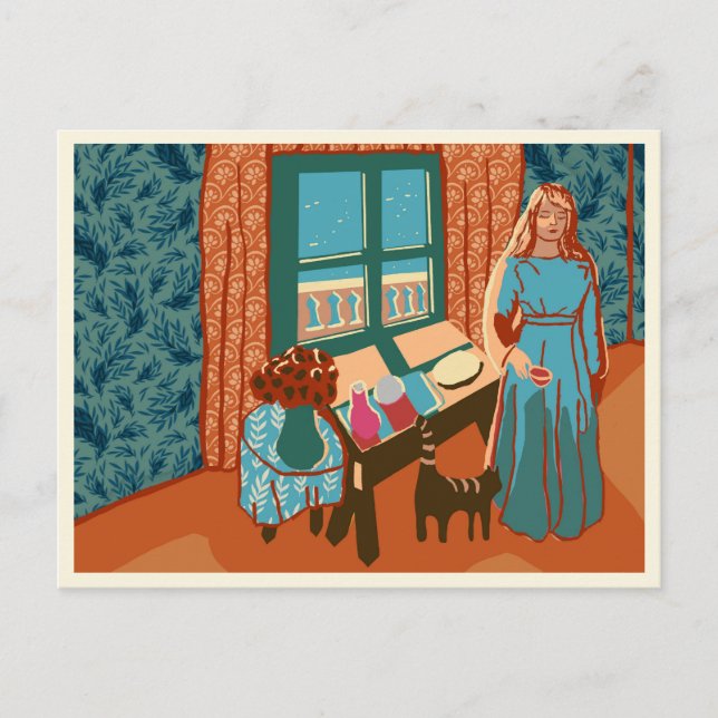 Woman feeding cat in beach house on a summer day  postcard (Front)