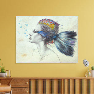 Woman fish Mermaid portrait Surreal drawing art Canvas Print