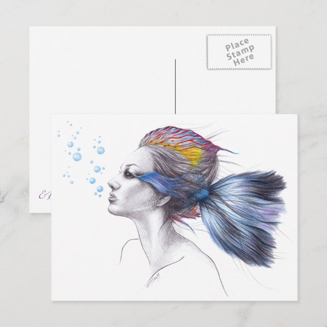 Woman fish Mermaid portrait Surreal drawing art Postcard (Front/Back)