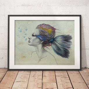 Woman fish surreal art textured Poster print