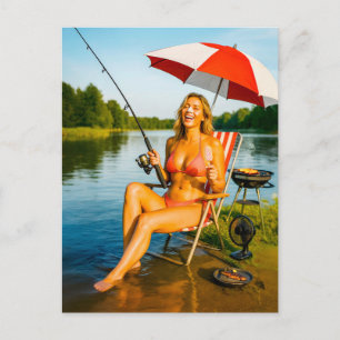 Woman Fishing Under Parasol While Eating Ice Cream Holiday Postcard