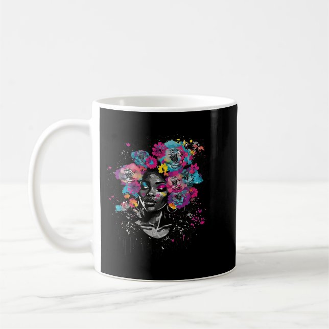 Woman Flower Hair Black History BLM Melanin Queen  Coffee Mug (Left)