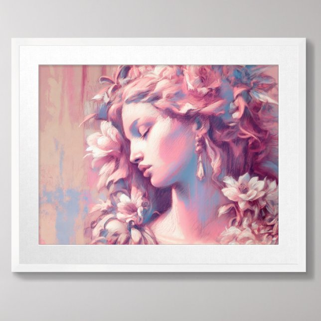 Woman Flowers Pink Blue Hard Pastel Drawing Poster (Creator Uploaded)