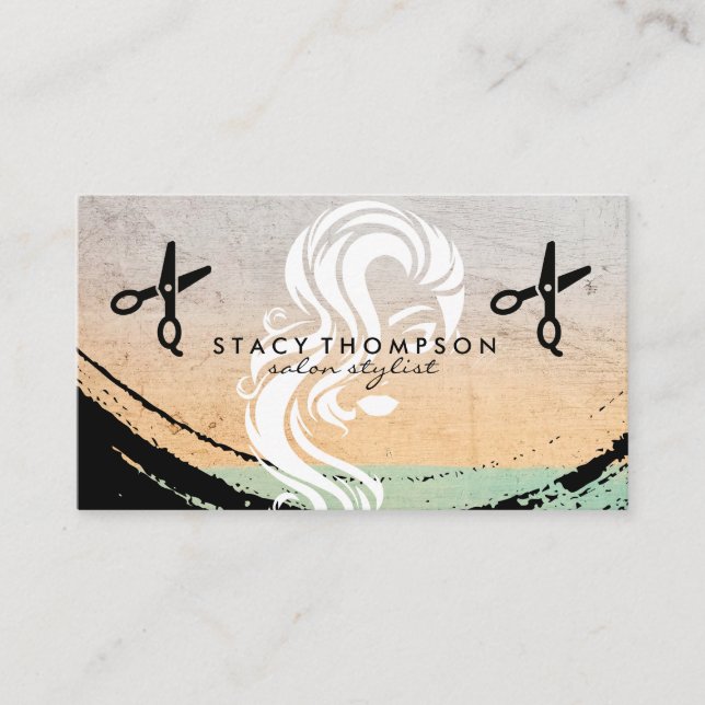 Woman Flowing Hair | Scissors Business Card (Front)