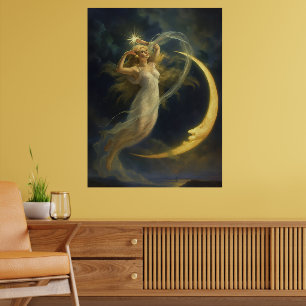 Woman Flying By A Crescent Moon Face Poster
