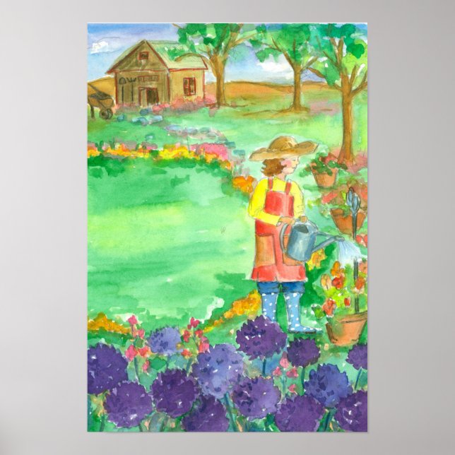 Woman Gardening Allium Watercolor Flowers Poster (Front)