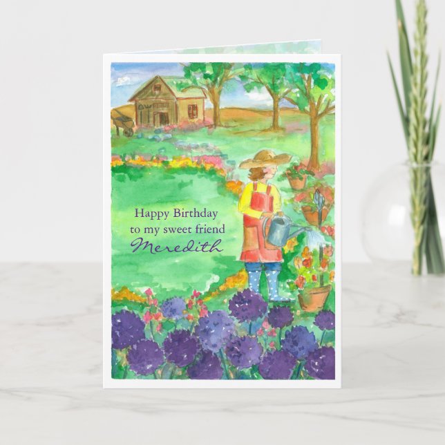 Woman Gardening Alliums Happy Birthday Friend Card (Front)
