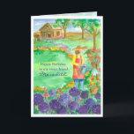Woman Gardening Alliums Happy Birthday Friend Card<br><div class="desc">A fun Happy Birthday card for a gardening friend featuring a woman in a bright red apron watering her summer garden flowers with big purple allium flowers in full bloom.</div>