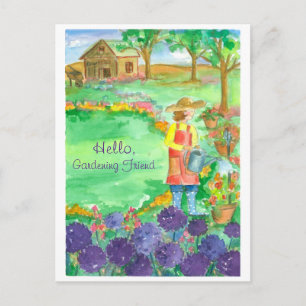 Woman Gardening Alliums Hello Gardening Friend Postcard