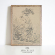 Woman gathering flowers vintage sketch,