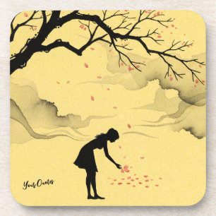 Woman Gathering Petals Minimalist Silhouette Coaster