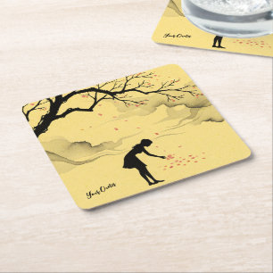 Woman Gathering Petals Minimalist Silhouette Square Paper Coaster