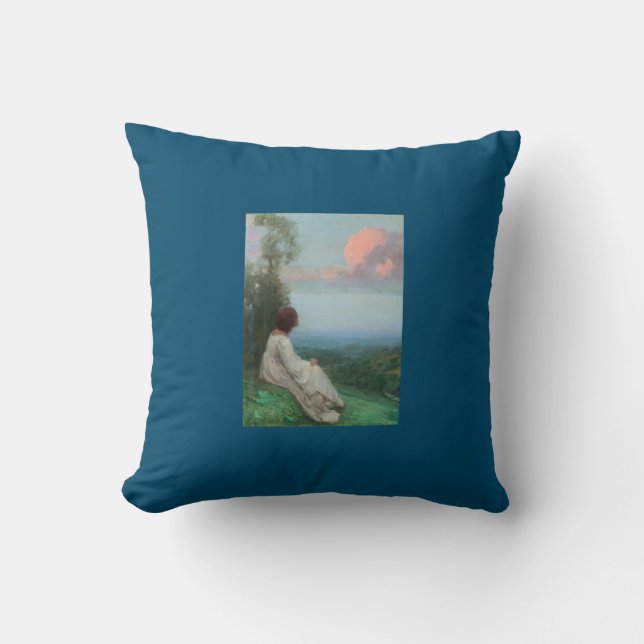 Woman gazing at clouds portrait blue throw pillow (Front)