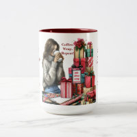 Woman, Gift Wrapping & Sipping Coffee
