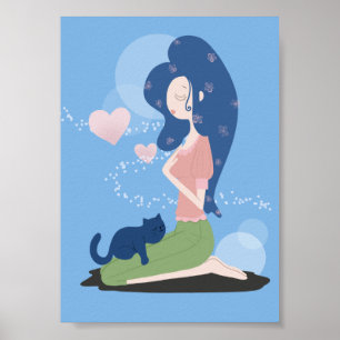 WOMAN GIRL AND CAT ART POSTER