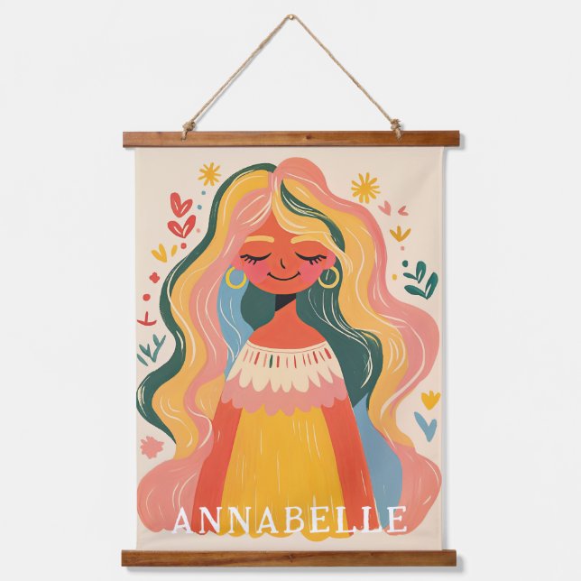 Woman Girl Boho Floral Illustration First Name Hanging Tapestry (Front)