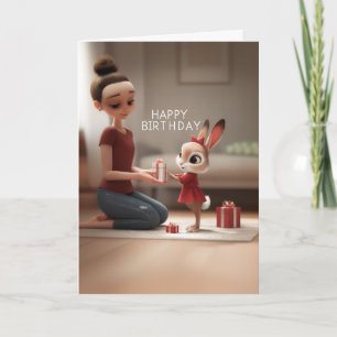 Woman Giving Birthday Gift to Bunny in Red Dress Card