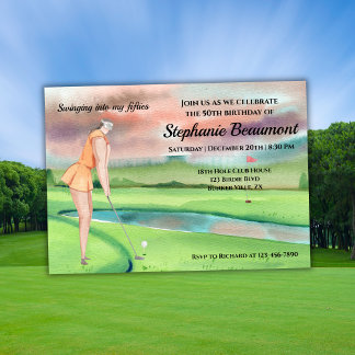 Woman Golf Player Swinging Fifties 50th Birthday Invitation