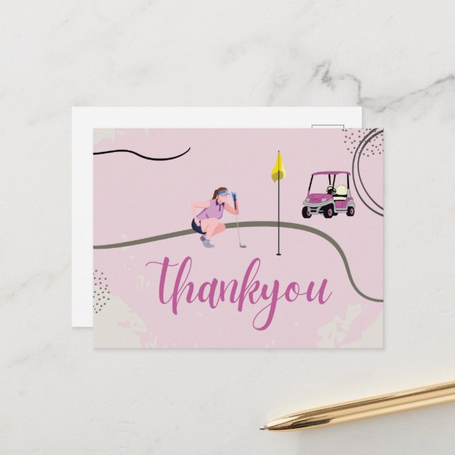 Woman Golfer and Golf Cart Thank you Pink theme Postcard (Front/Back In Situ)