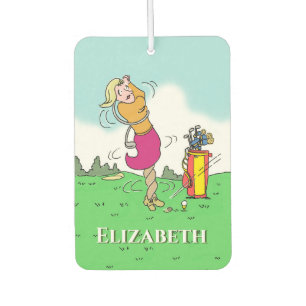 Woman golfer in a twist. Personalise. Car Air Freshener