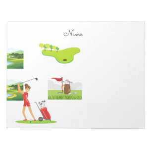 Woman golfer in red golfing on green    notepad