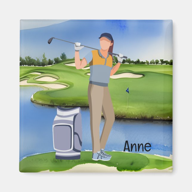 Woman Golfer is on the golf course Magnet (Front)
