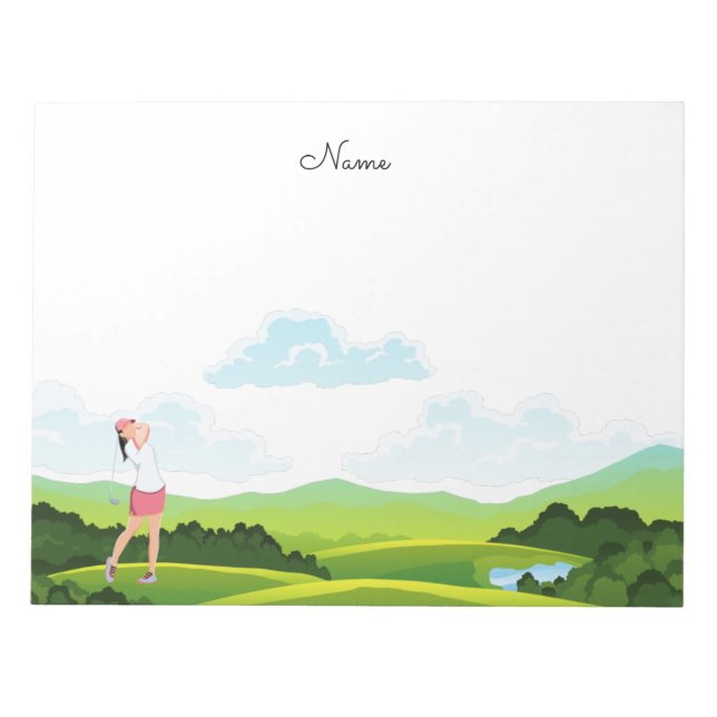 Woman golfer is teeing off on fairway Notepad (Front)