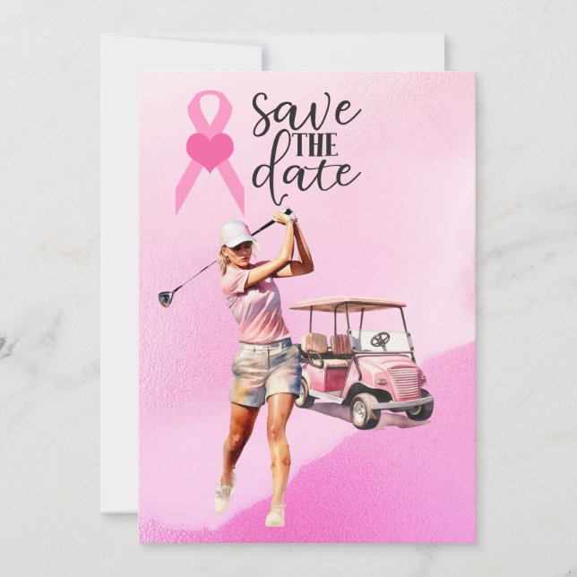 Woman golfer  pink golf cart on pink Breast Cancer Invitation (Front)