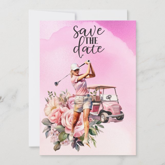 Woman golfer with pink golf cart on pink  invitation (Front)
