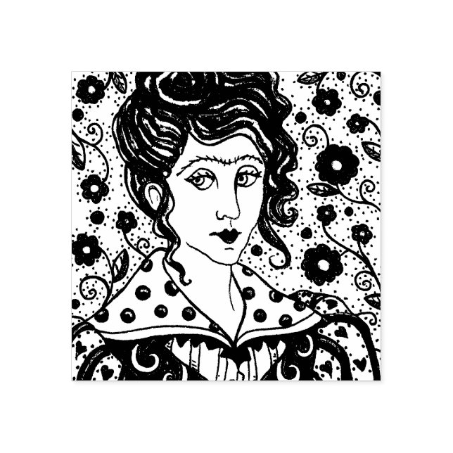 WOMAN, GOTHIC PORTRAIT, FOLK ART, FLOWERS & VINES RUBBER STAMP (Imprint)