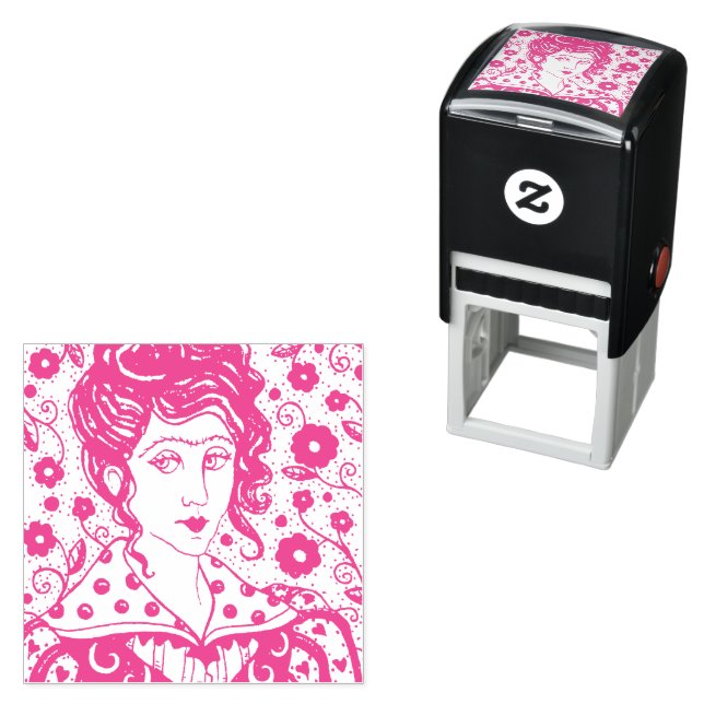 WOMAN, GOTHIC PORTRAIT, FOLK ART, FLOWERS & VINES SELF-INKING STAMP (In Situ)
