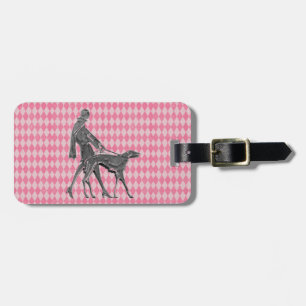 Woman Greyhound and Pink Argyle Luggage Tag
