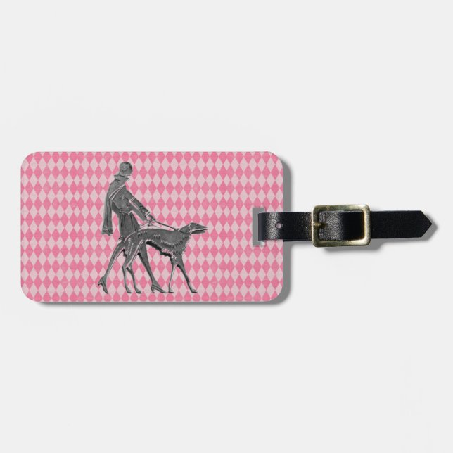 Woman Greyhound and Pink Argyle Luggage Tag (Front Horizontal)