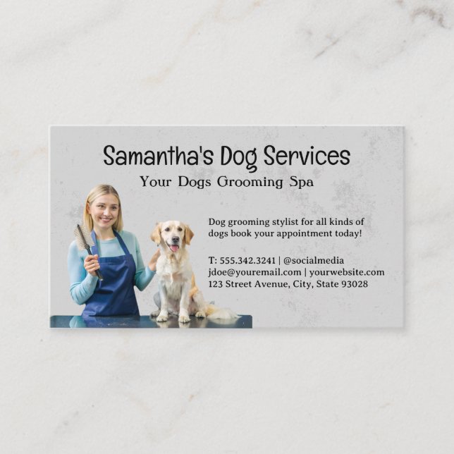 Woman Grooming Dog in Salon  Business Card (Front)