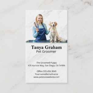 Woman Grooming Dog on Table Business Card