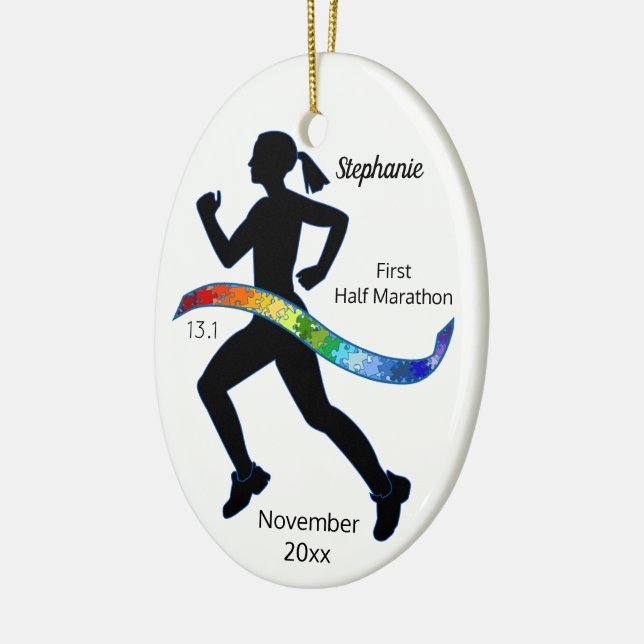 Woman Half Marathon Puzzle Ribbon Ceramic Tree Decoration (Left)