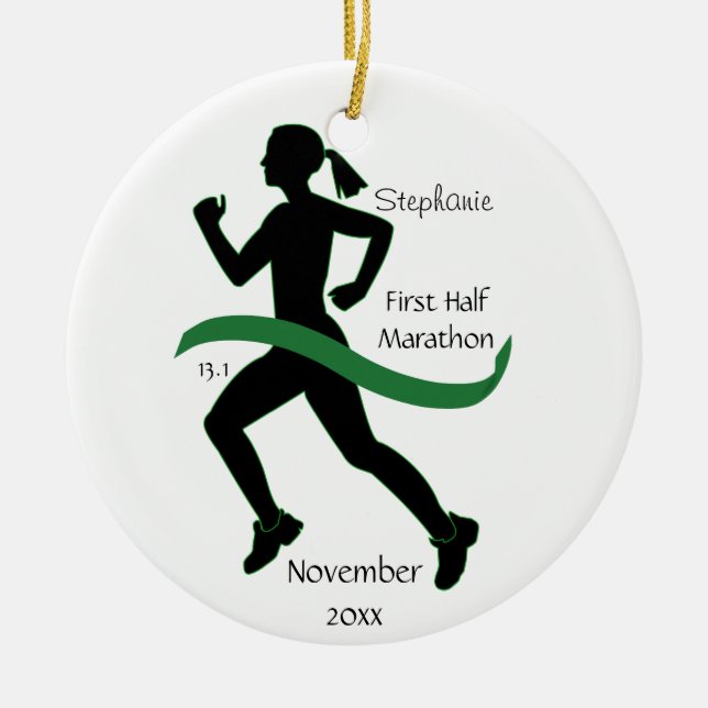 Woman Half Marathon Runner Ornament in Green (Front)