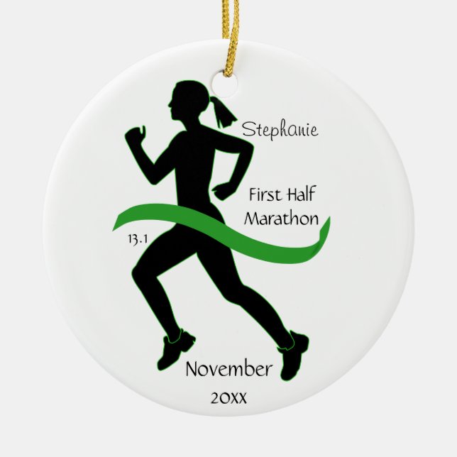 Woman Half Marathon Runner Ornament in Lt. Green (Front)