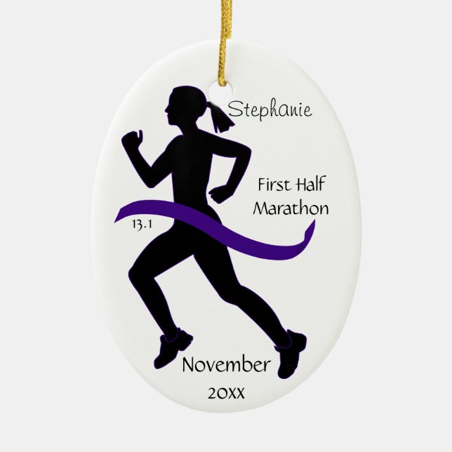 Woman Half Marathon Runner Ornament in Purple (Front)