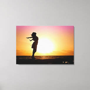 Woman Happiness At Beach Sunset Canvas Print
