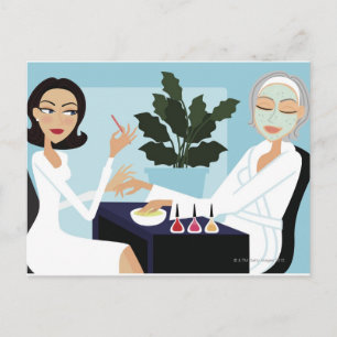 Woman having manicure and facial at spa postcard