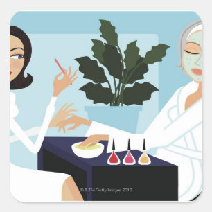 Woman having manicure and facial at spa square sticker