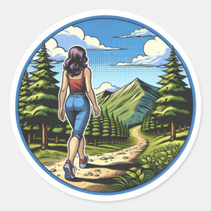 Woman Hiking a Nature Trial Classic Round Sticker
