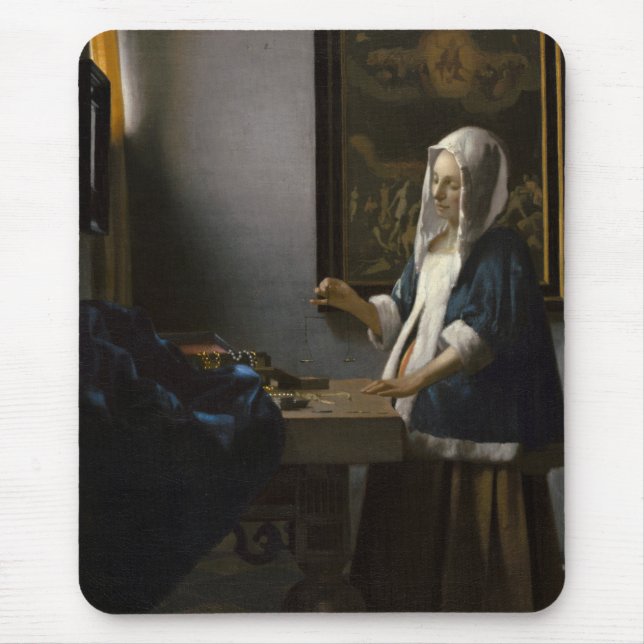 Woman Holding a Balance by Johannes Vermeer Mouse Mat (Front)