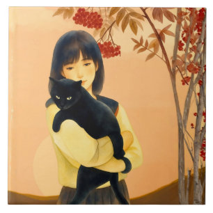 Woman Holding a Black Cat in Autumn Tile